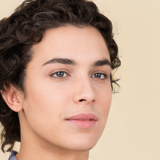 Neutral white young-adult male with long  brown hair and brown eyes