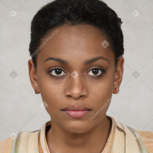 Neutral black young-adult female with short  black hair and brown eyes