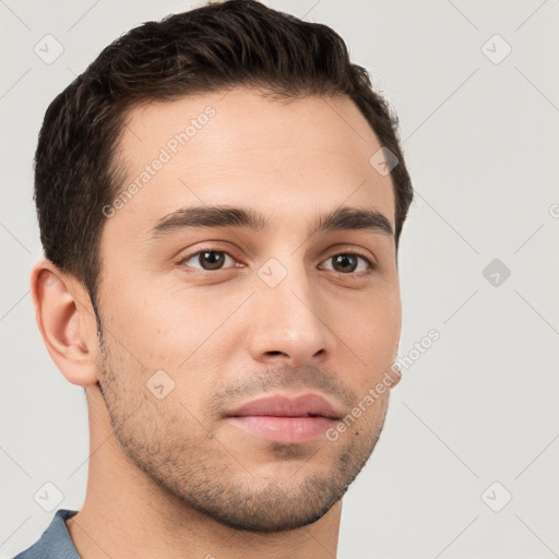 Neutral white young-adult male with short  brown hair and brown eyes