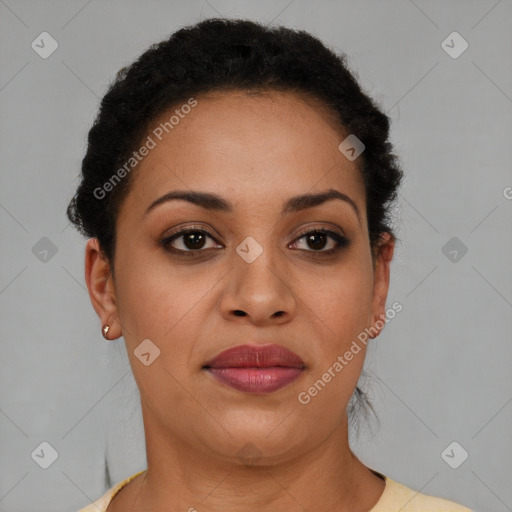 Joyful latino young-adult female with short  brown hair and brown eyes