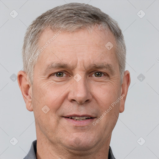 Neutral white middle-aged male with short  gray hair and brown eyes