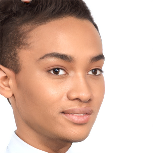 Joyful latino young-adult male with short  brown hair and brown eyes