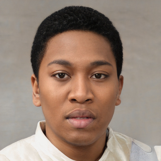 Neutral black young-adult female with short  black hair and brown eyes