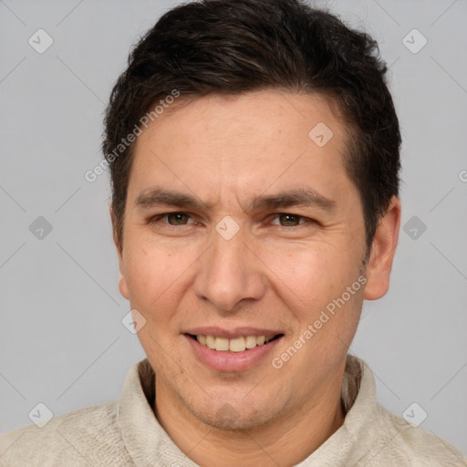 Joyful white adult male with short  brown hair and brown eyes