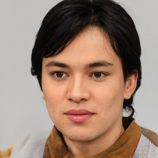 Neutral asian young-adult female with medium  brown hair and brown eyes
