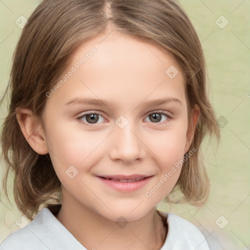 Joyful white child female with medium  brown hair and brown eyes