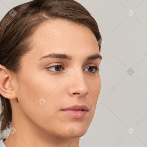 Neutral white young-adult female with medium  brown hair and brown eyes