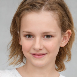 Joyful white child female with medium  brown hair and blue eyes