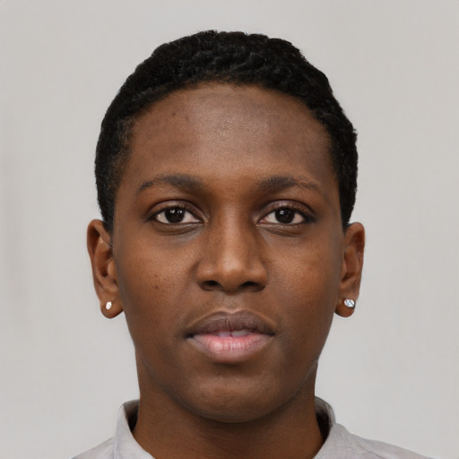 Neutral black young-adult female with short  black hair and brown eyes