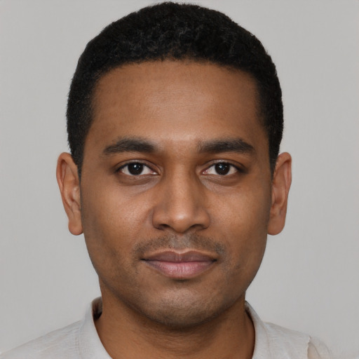 Neutral black young-adult male with short  black hair and brown eyes