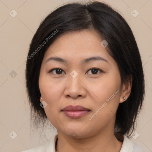 Joyful asian young-adult female with medium  brown hair and brown eyes