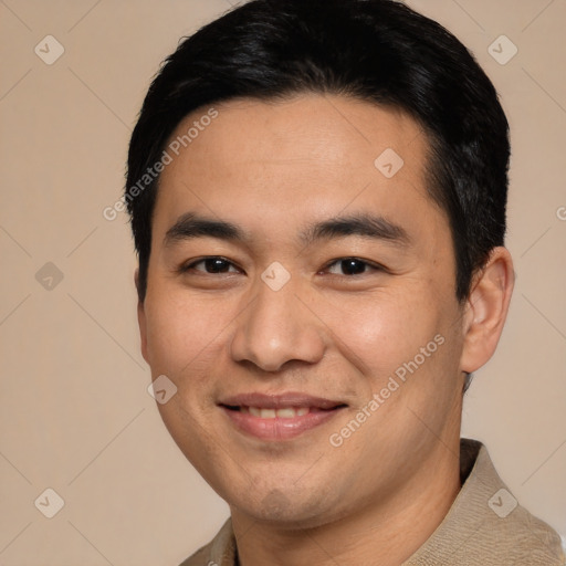 Joyful latino young-adult male with short  black hair and brown eyes