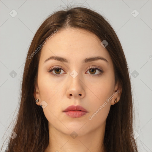 Neutral white young-adult female with long  brown hair and brown eyes