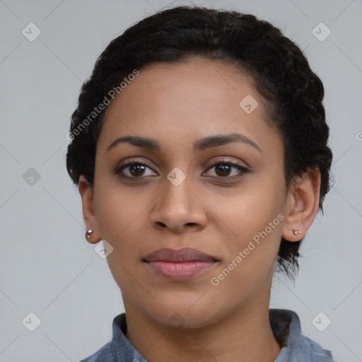 Joyful asian young-adult female with short  black hair and brown eyes