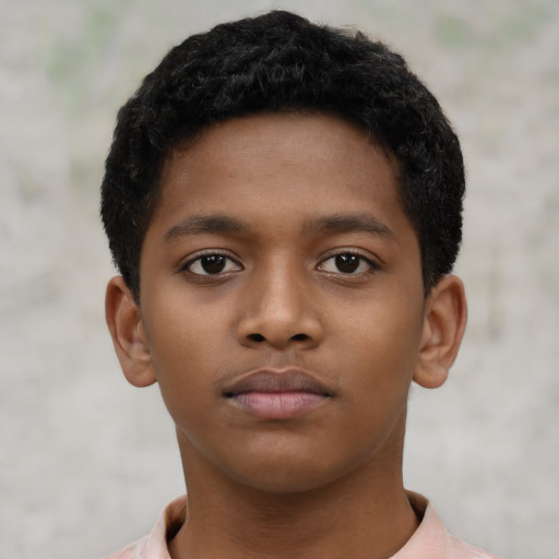 Neutral latino child male with short  black hair and brown eyes