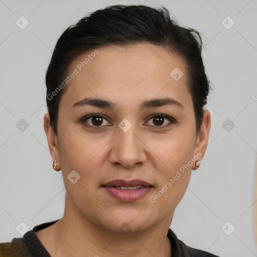 Joyful white young-adult female with short  brown hair and brown eyes