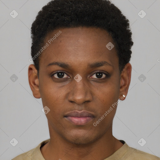 Neutral black young-adult female with short  black hair and brown eyes