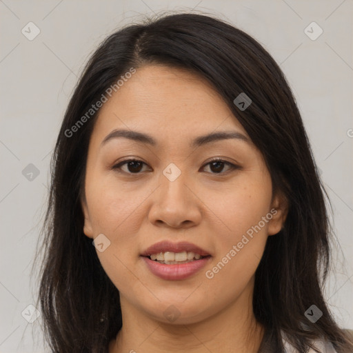 Joyful asian young-adult female with long  brown hair and brown eyes