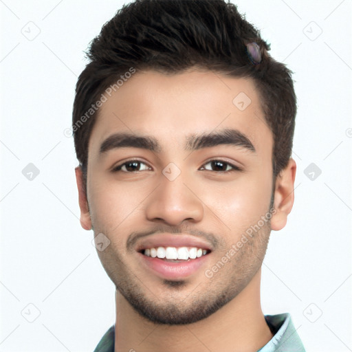 Joyful white young-adult male with short  black hair and brown eyes