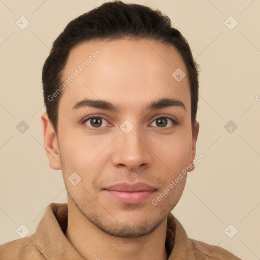 Neutral white young-adult male with short  brown hair and brown eyes