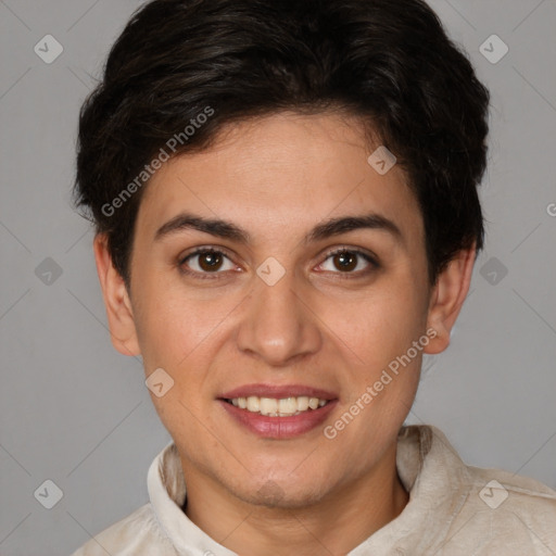 Joyful white young-adult female with short  brown hair and brown eyes