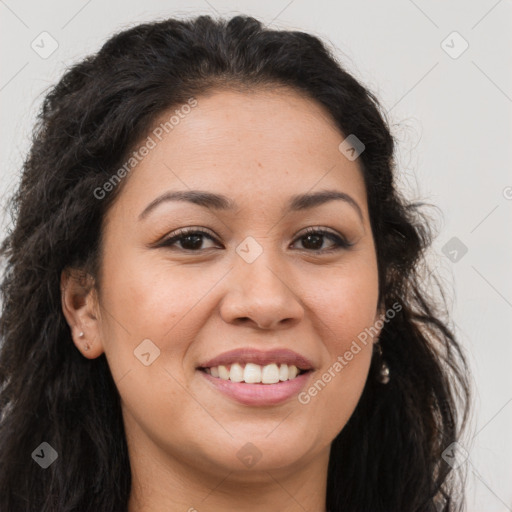 Joyful latino young-adult female with long  brown hair and brown eyes