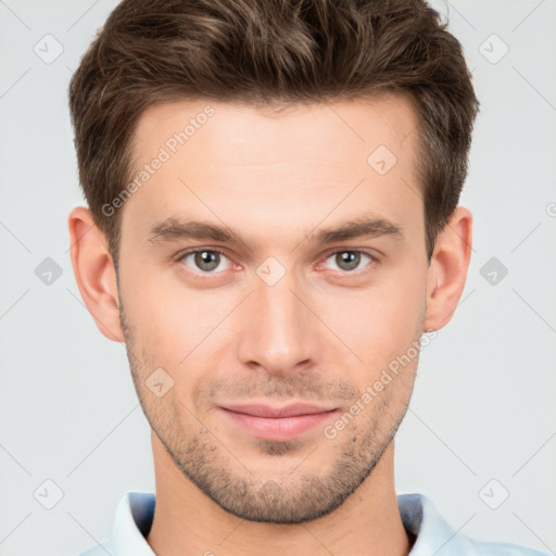 Neutral white young-adult male with short  brown hair and brown eyes