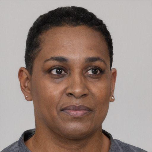 Neutral black adult female with short  black hair and brown eyes