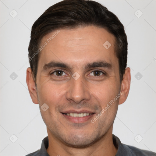 Joyful white young-adult male with short  brown hair and brown eyes