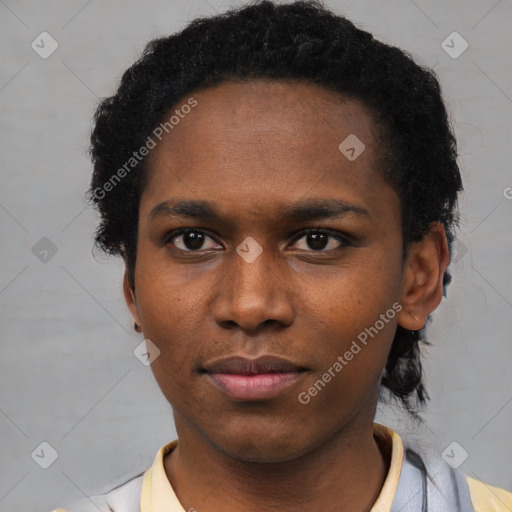 Neutral black young-adult male with short  black hair and brown eyes
