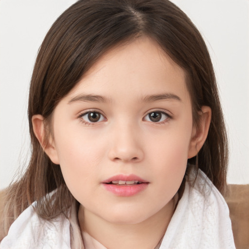 Neutral white child female with long  brown hair and brown eyes