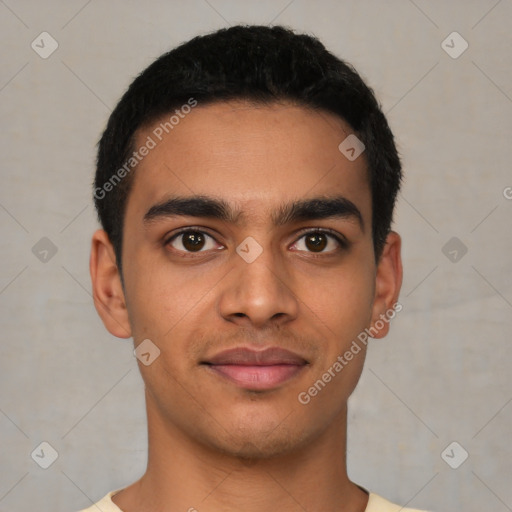 Joyful latino young-adult male with short  black hair and brown eyes