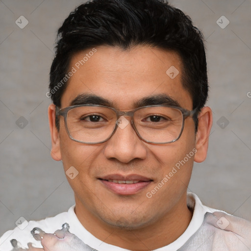 Joyful white young-adult male with short  black hair and brown eyes
