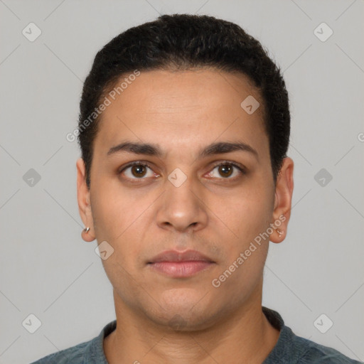 Neutral latino young-adult male with short  black hair and brown eyes