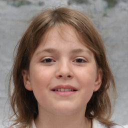 Joyful white child female with medium  brown hair and brown eyes