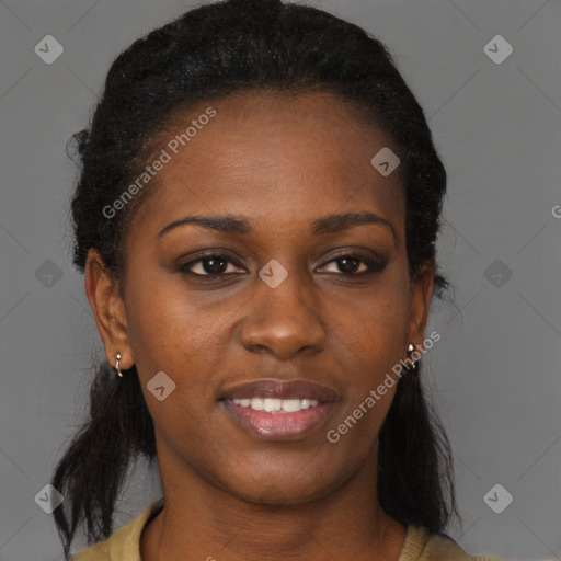 Joyful black young-adult female with medium  brown hair and brown eyes