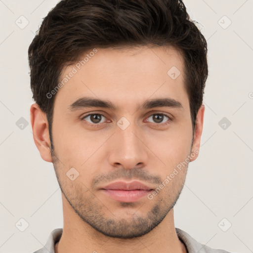 Neutral white young-adult male with short  brown hair and brown eyes