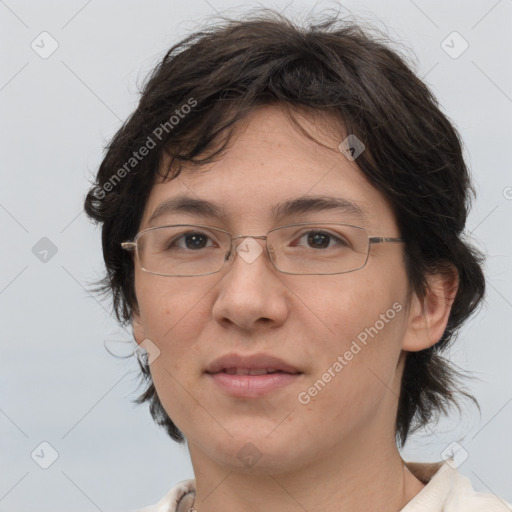 Joyful white adult female with medium  brown hair and brown eyes