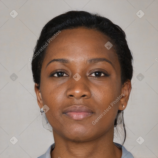 Neutral black young-adult female with short  black hair and brown eyes