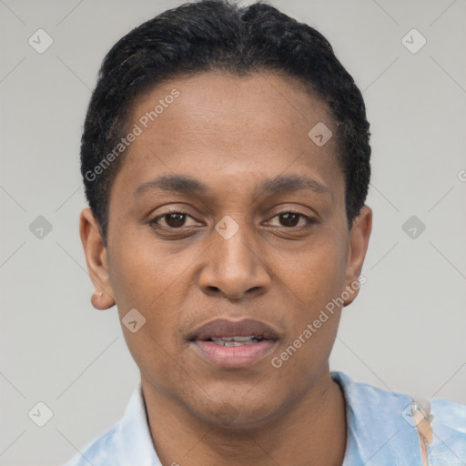 Joyful black young-adult male with short  black hair and brown eyes