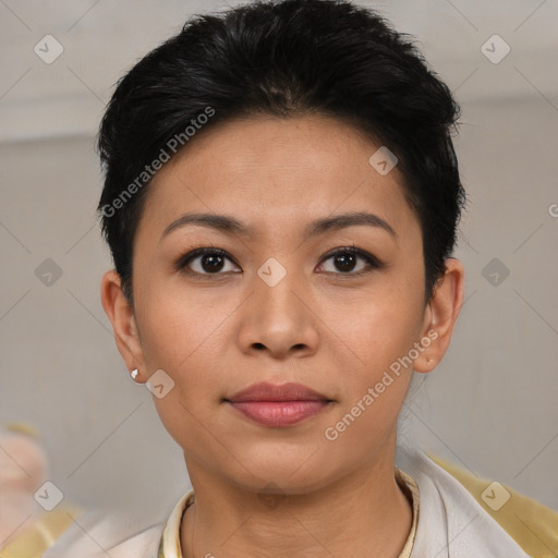 Joyful asian young-adult female with short  brown hair and brown eyes