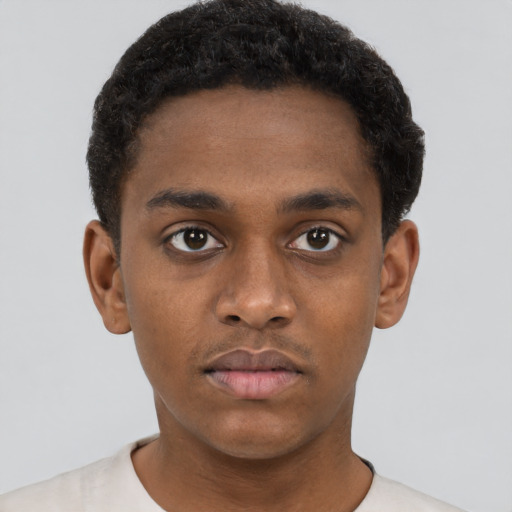 Neutral black young-adult male with short  brown hair and brown eyes