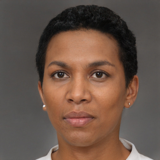 Neutral black young-adult female with short  black hair and brown eyes