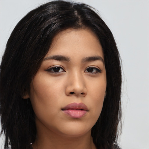 Neutral asian young-adult female with long  black hair and brown eyes