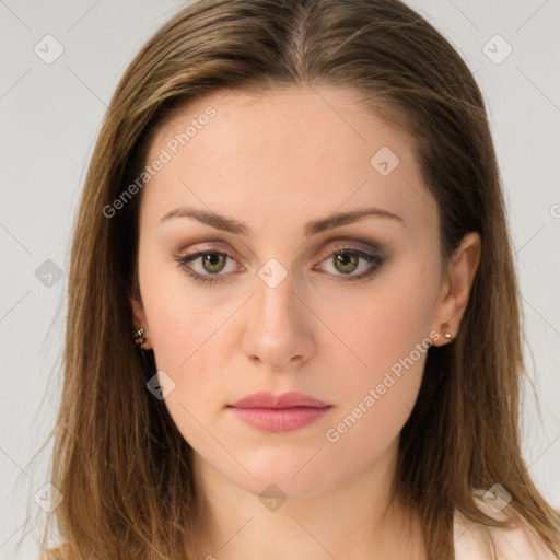 Neutral white young-adult female with long  brown hair and brown eyes