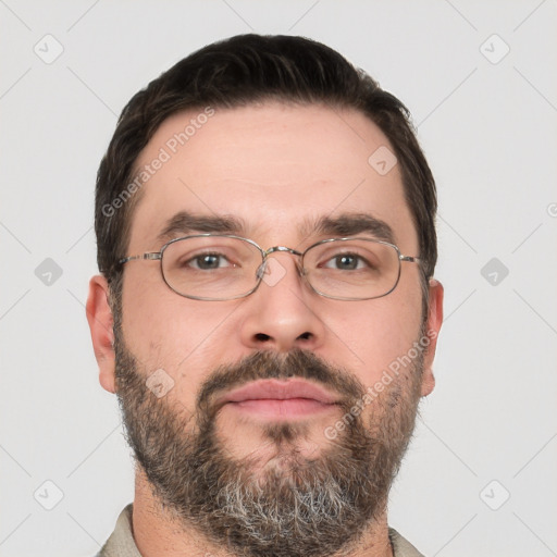 Neutral white adult male with short  brown hair and brown eyes