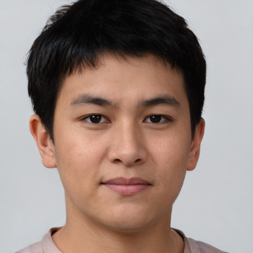 Neutral asian young-adult male with short  brown hair and brown eyes