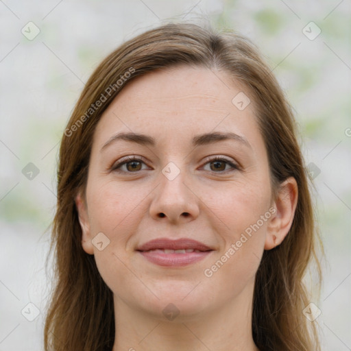 Joyful white young-adult female with long  brown hair and grey eyes