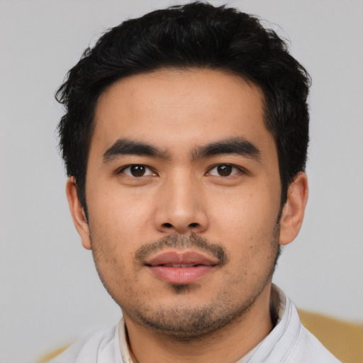 Neutral asian young-adult male with short  black hair and brown eyes