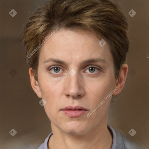 Neutral white young-adult female with short  brown hair and brown eyes